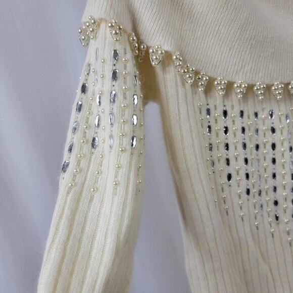 Vintage Pappagallo Beaded Pearl Off-Shoulder Sweater | Angora Wool Blend - Picture 4 of 11